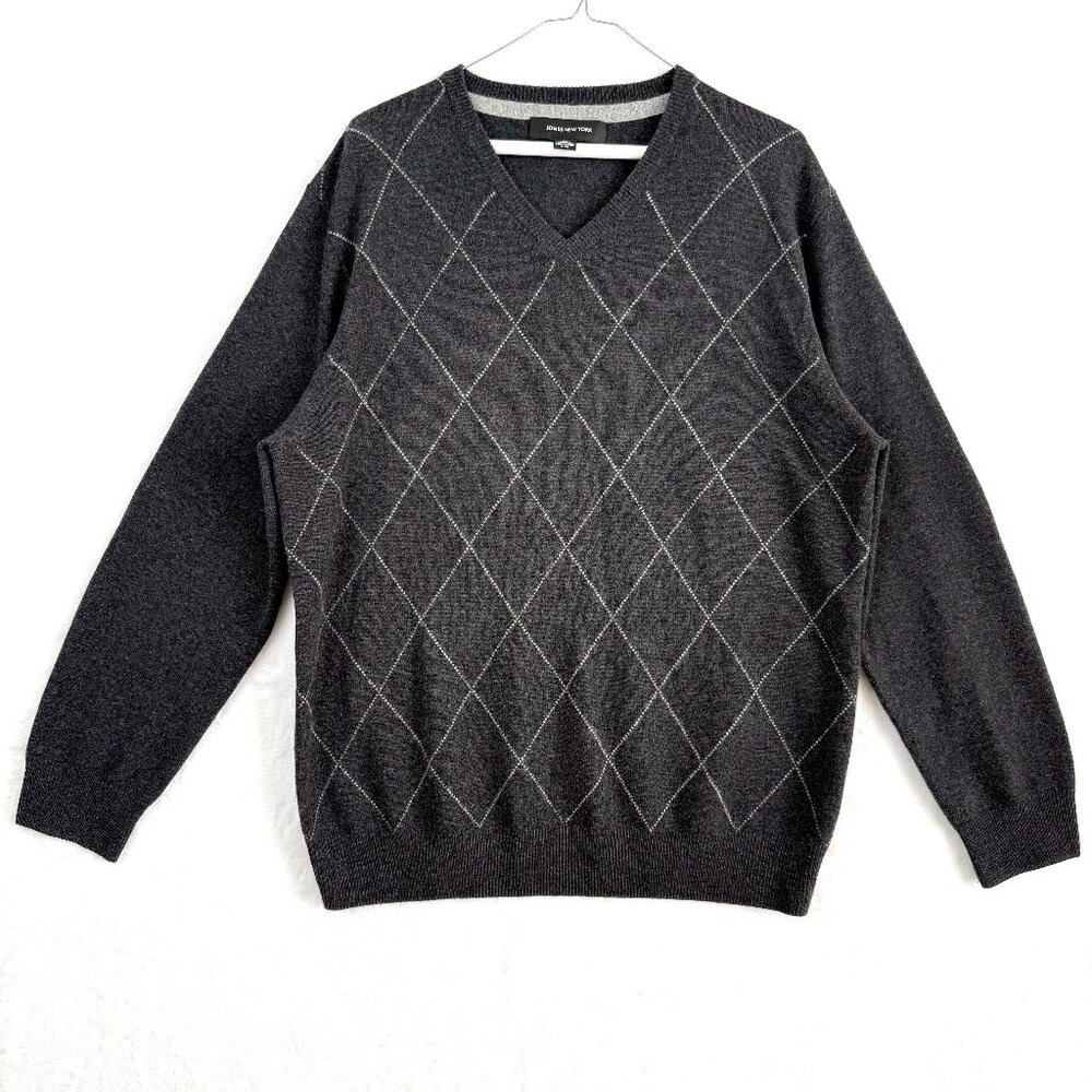 JONES NEW YORK Cashmere V Neck Classic Diamond Knit Sweater Mens L
